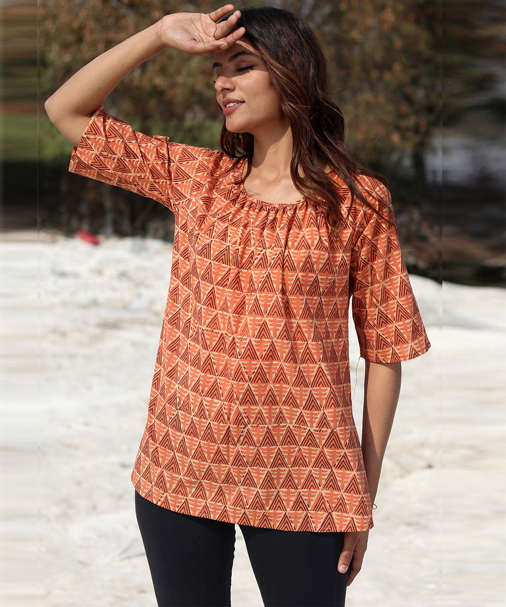 Orange handblock printed cotton top