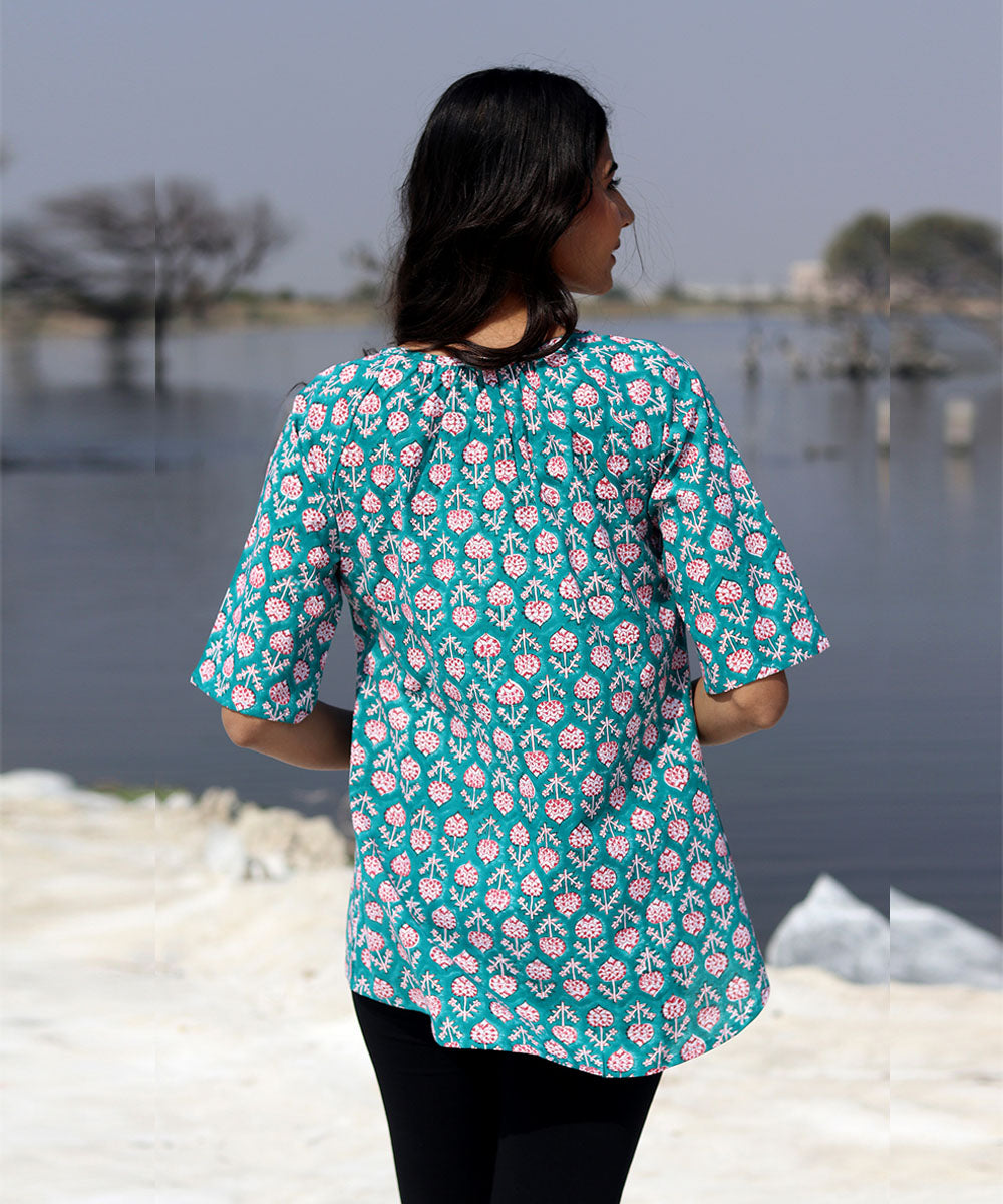 Green handblock printed cotton top