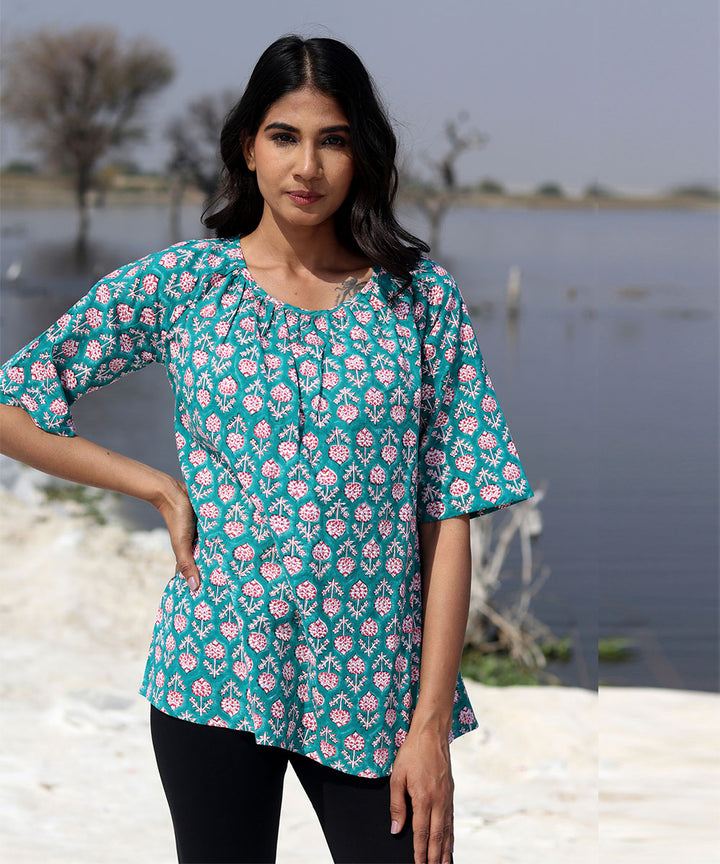 Green handblock printed cotton top
