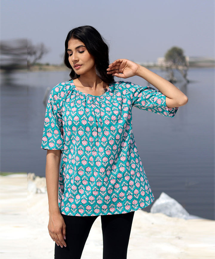 Green handblock printed cotton top