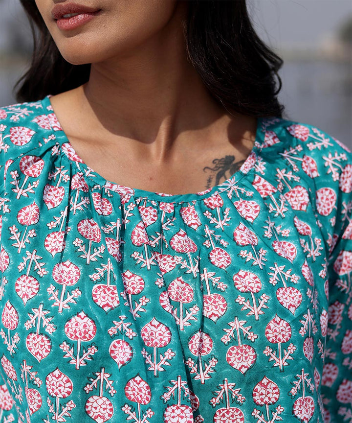 Green handblock printed cotton top