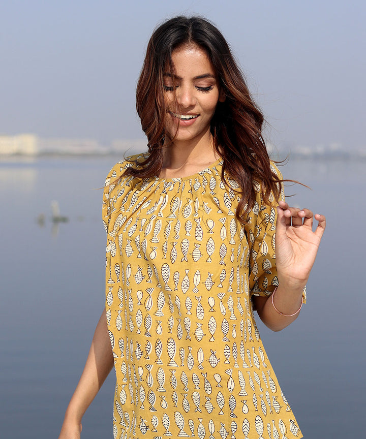 Mustard handblock printed cotton top