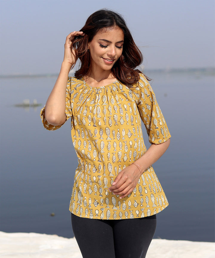 Mustard handblock printed cotton top