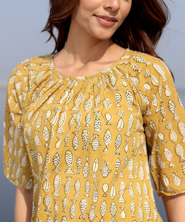 Mustard handblock printed cotton top