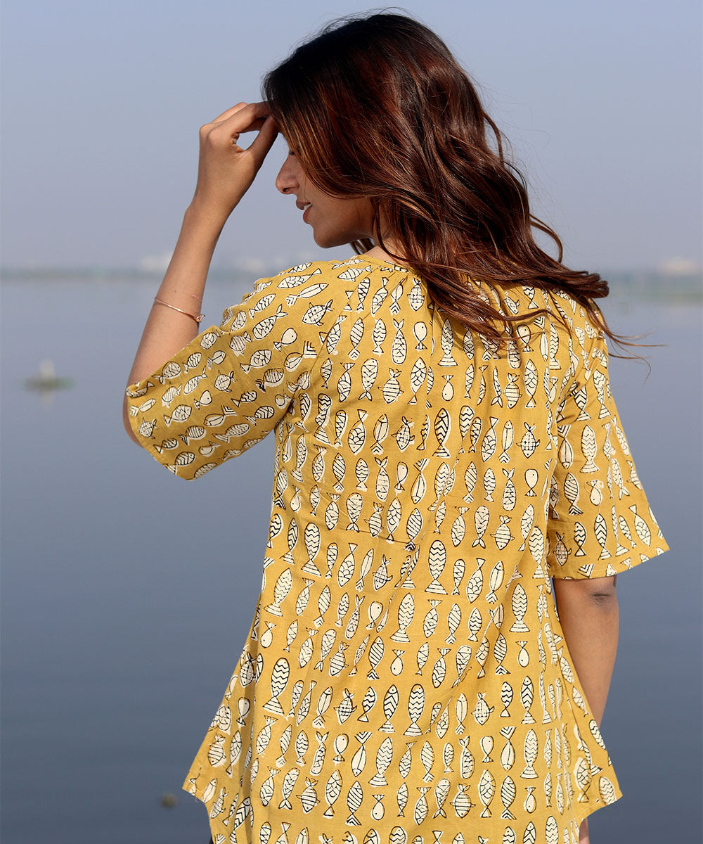 Mustard handblock printed cotton top