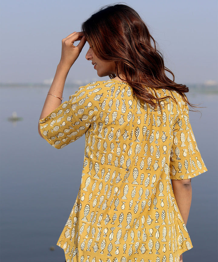 Mustard handblock printed cotton top