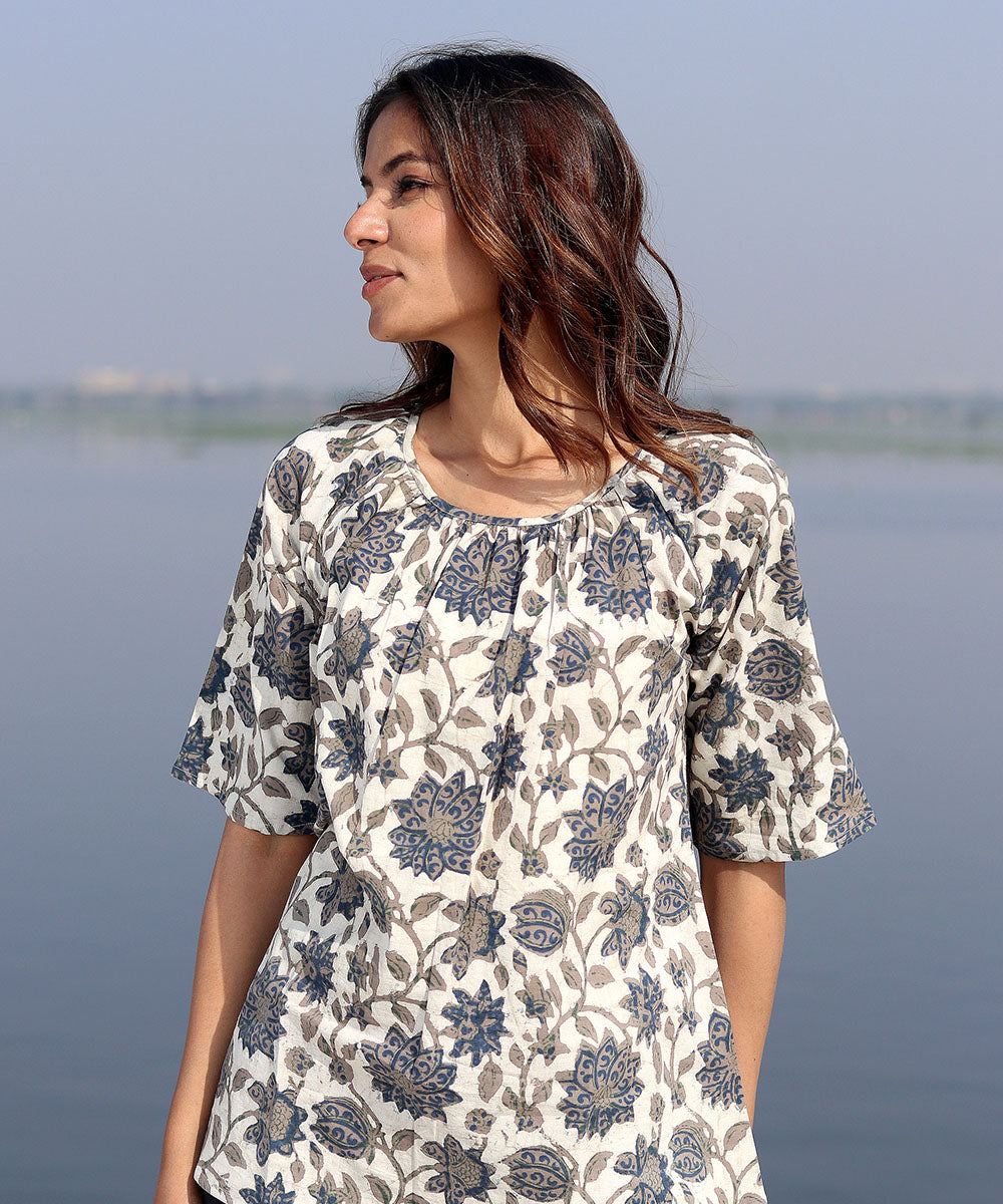 Grey handblock printed cotton top