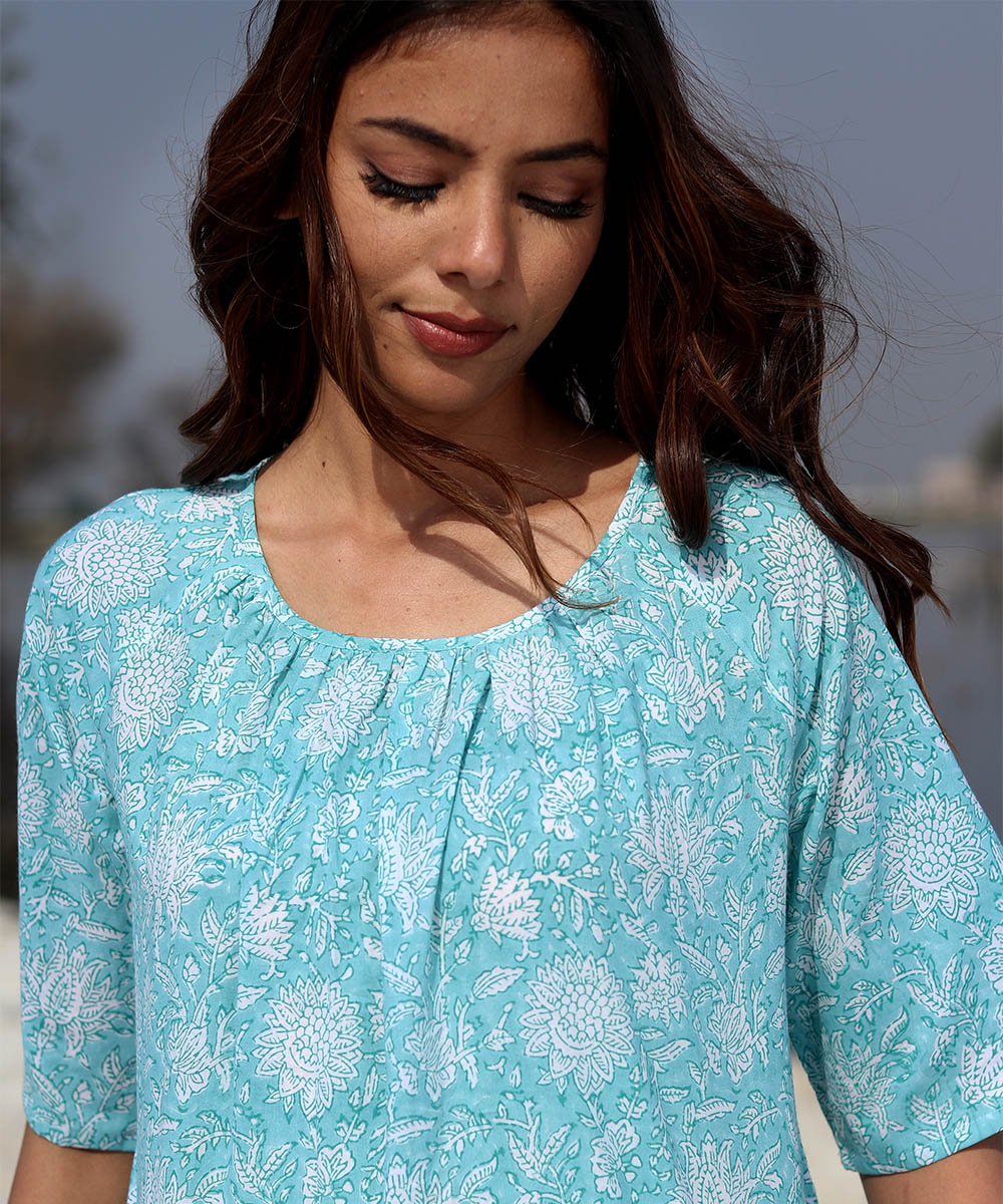 Blue handblock printed cotton top