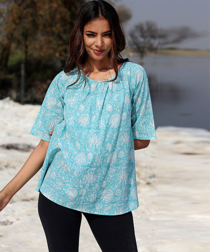 Blue handblock printed cotton top