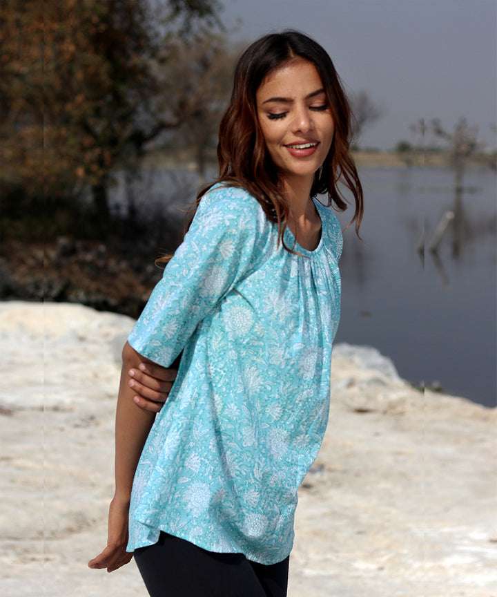 Blue handblock printed cotton top