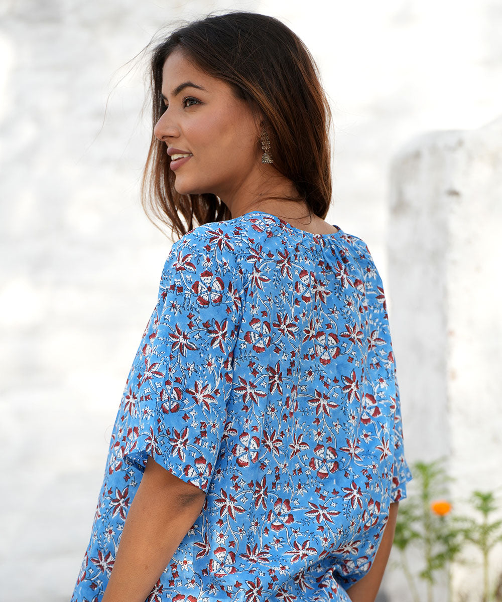 Blue hand block printed cotton top