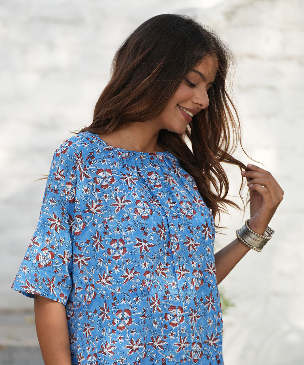 Blue hand block printed cotton top