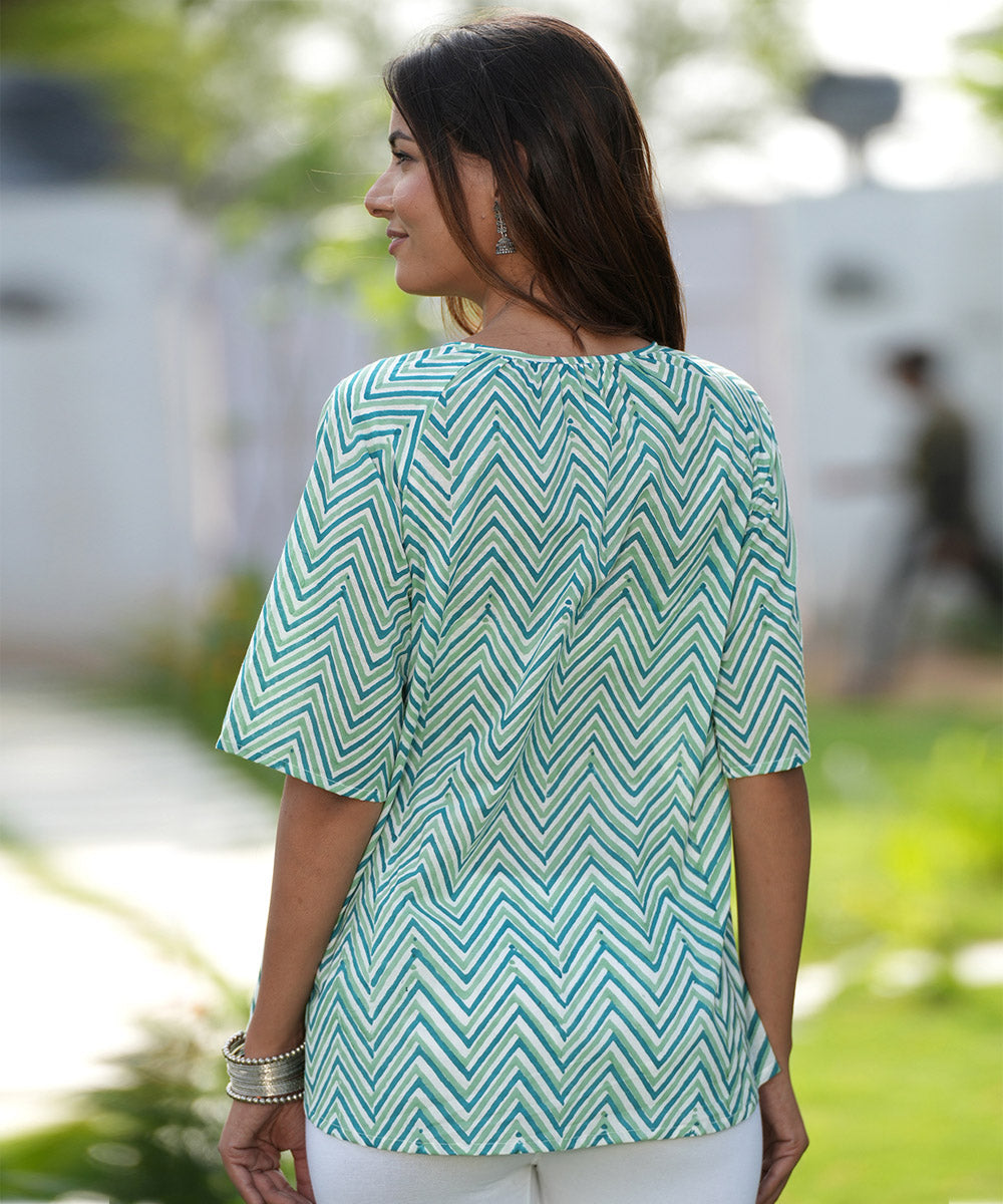 Green zigzag hand block printed cotton top