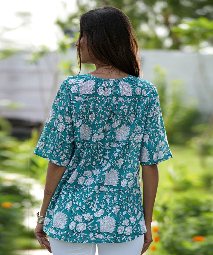 Green floral hand block printed cotton top