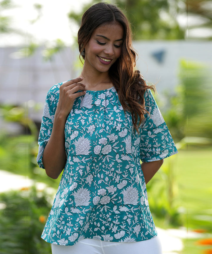 Green floral hand block printed cotton top