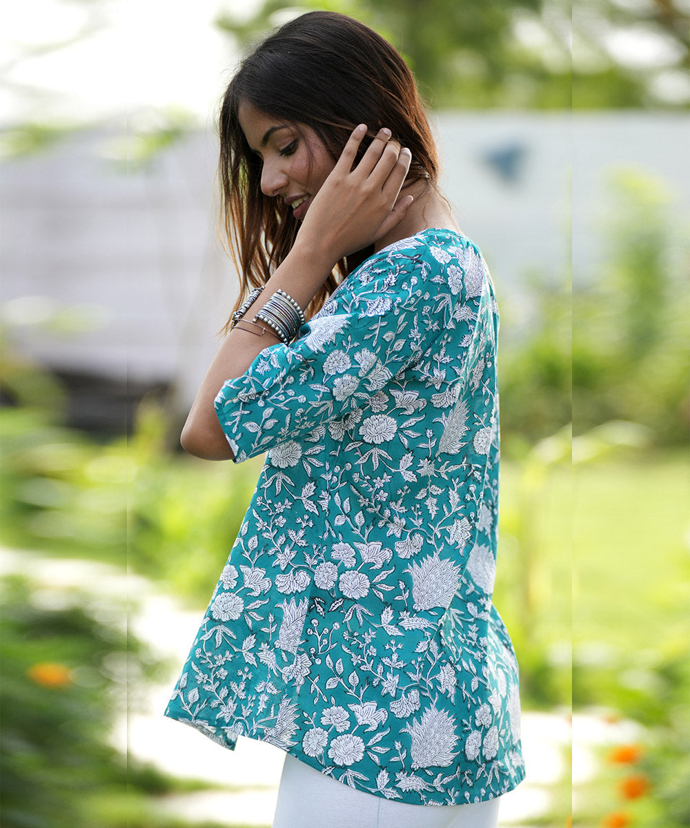 Green floral hand block printed cotton top