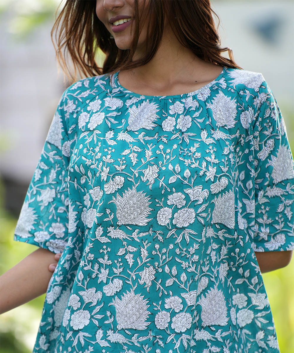 Green floral hand block printed cotton top