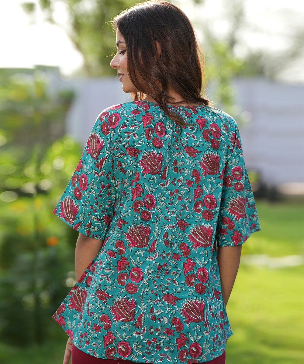 Green floral handblock printed cotton top