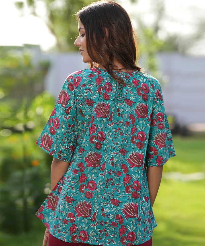 Green floral handblock printed cotton top