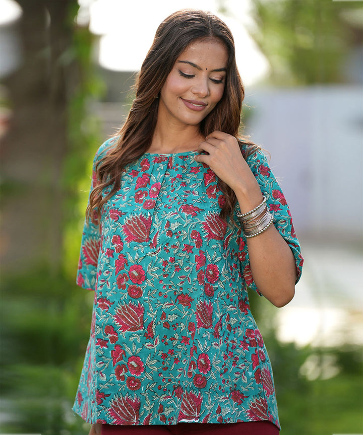 Green floral handblock printed cotton top