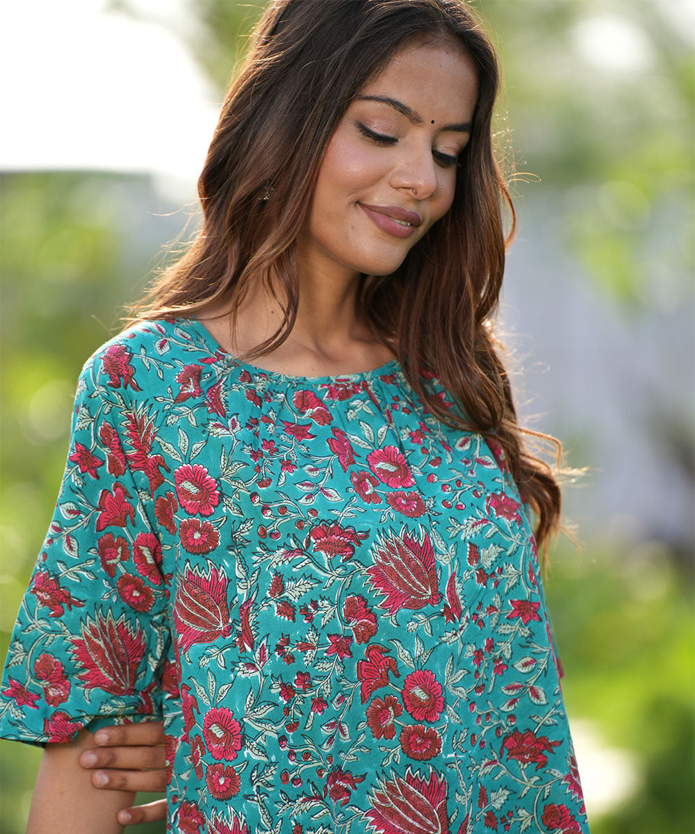 Green floral handblock printed cotton top