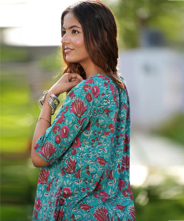 Green floral handblock printed cotton top
