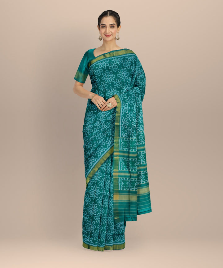 Cyan green beige silk handwoven patola saree