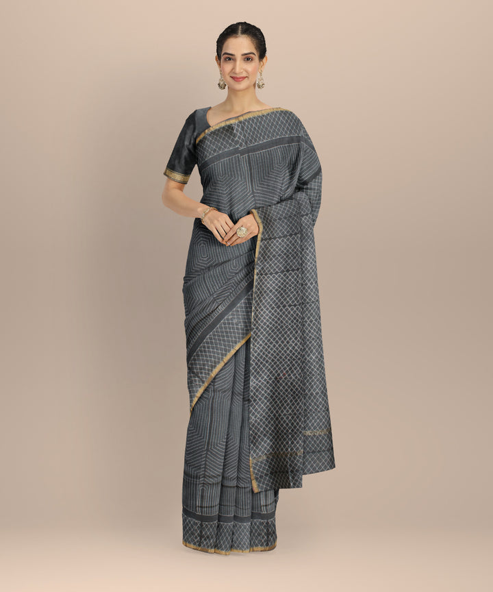 Grey cotton silk handwoven shibori saree
