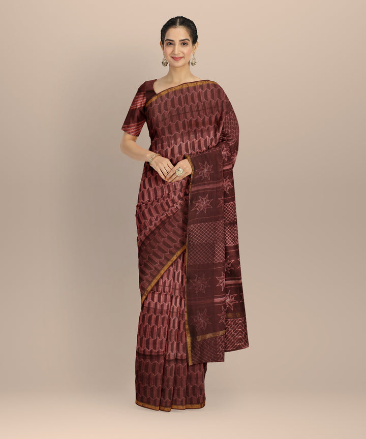 Coffee cotton silk handwoven shibori saree