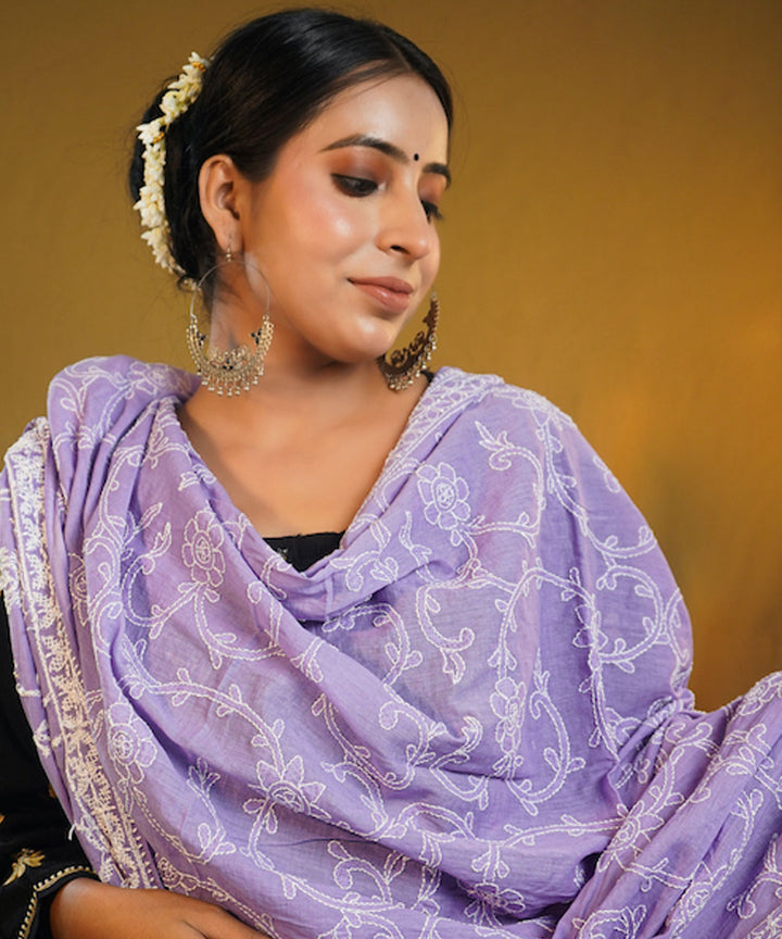 Purple and  white hand embroidered cotton chikankari Dupatta