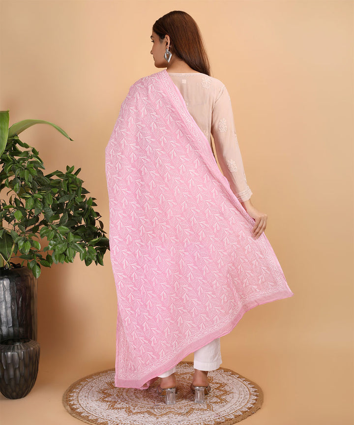 Pink white hand embroidered chikankari cotton Dupatta