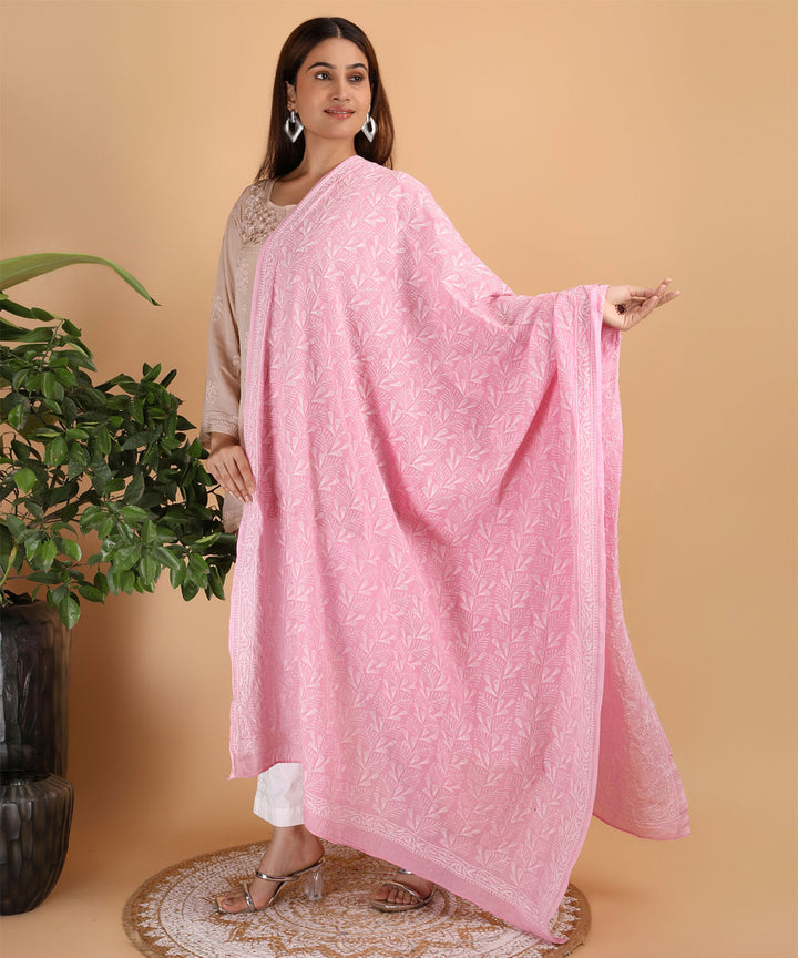 Pink white hand embroidered chikankari cotton Dupatta