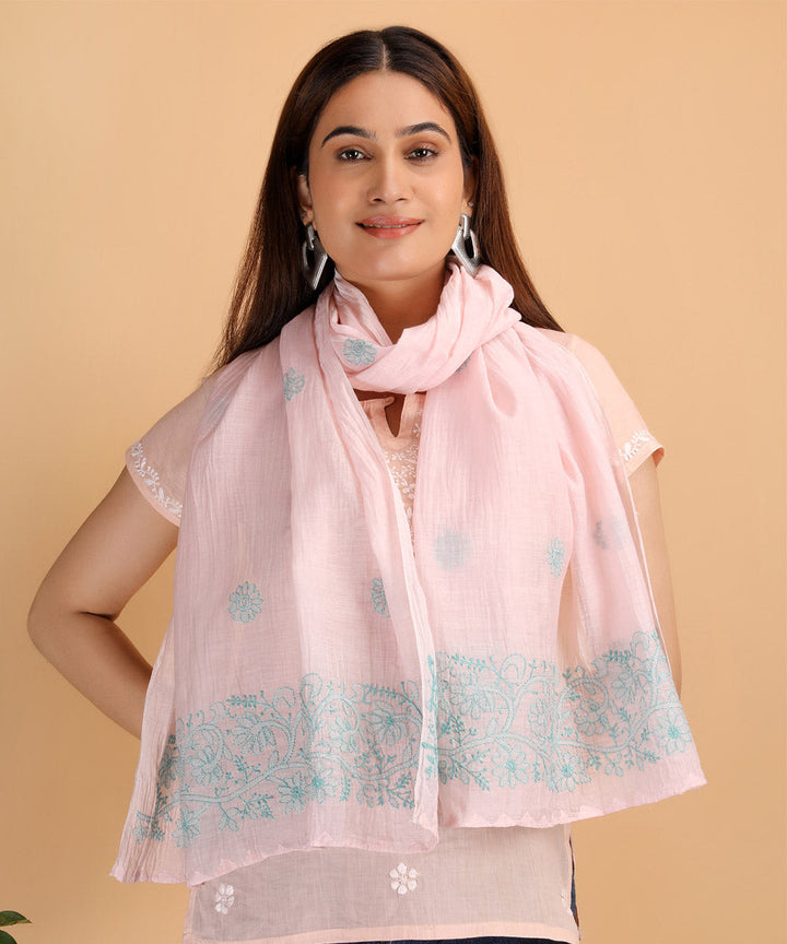 Pink and blue hand embroidered cotton chikankari Stole