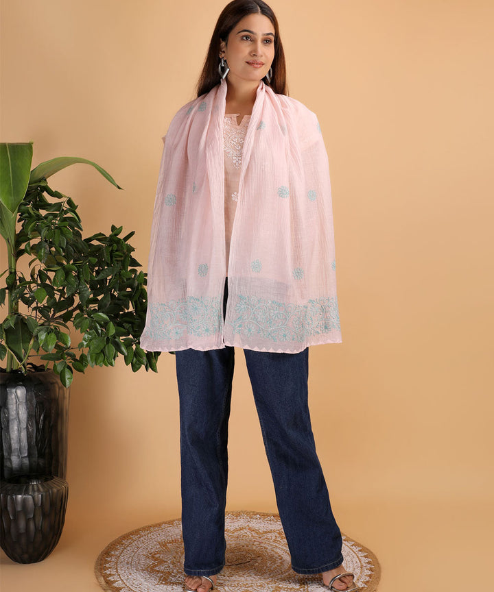 Pink and blue hand embroidered cotton chikankari Stole