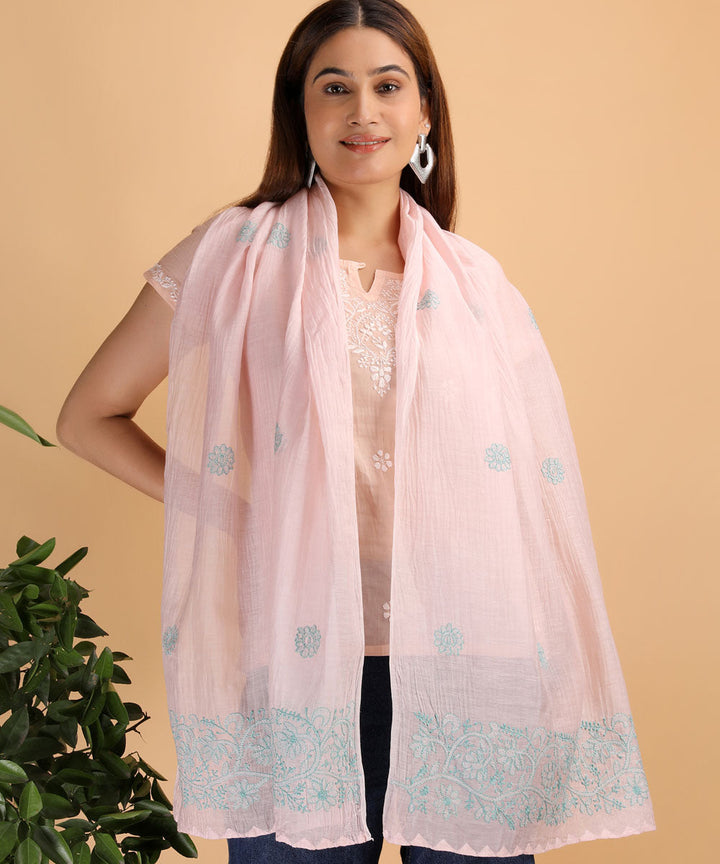Pink and blue hand embroidered cotton chikankari Stole