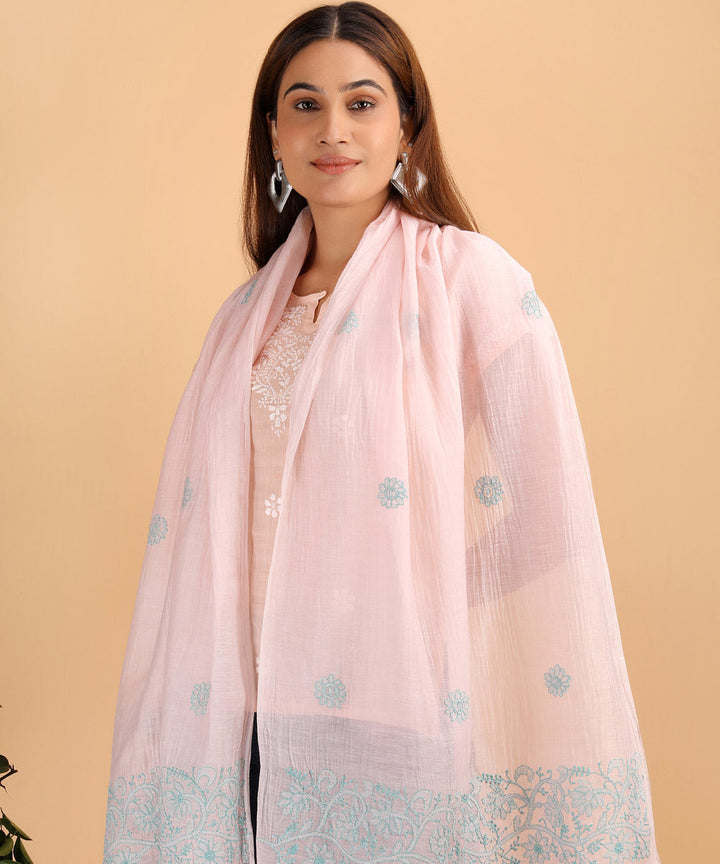 Pink and blue hand embroidered cotton chikankari Stole