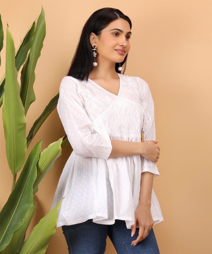 White hand embroidered chikankari cotton top