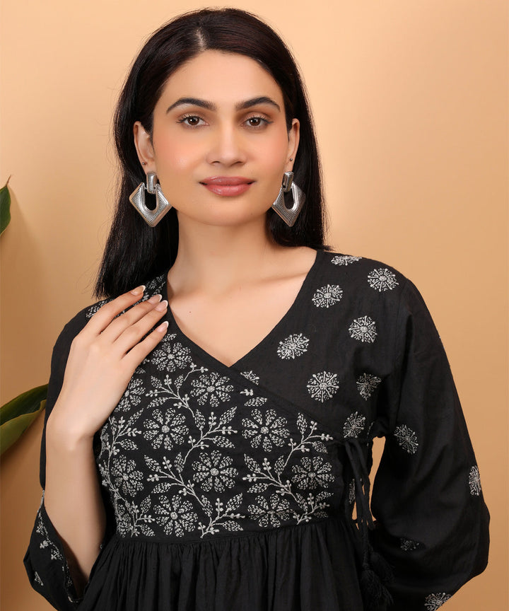 Black hand embroidery cotton chikankari angrakha top