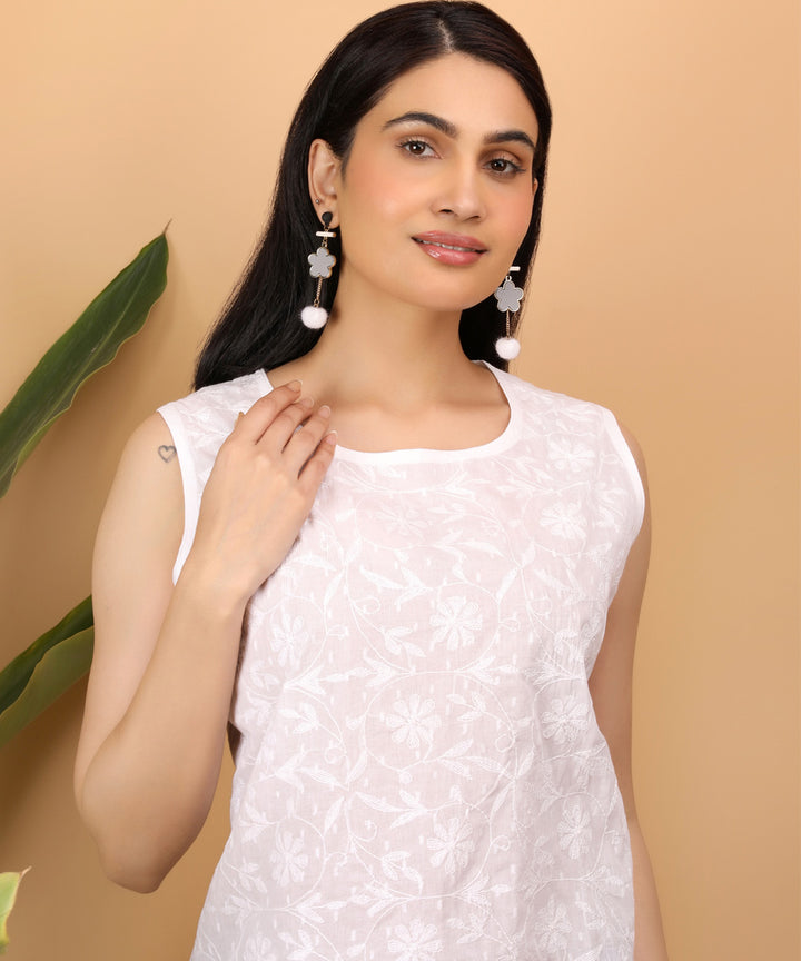 White hand embroidery cotton chikankari sleeveless top