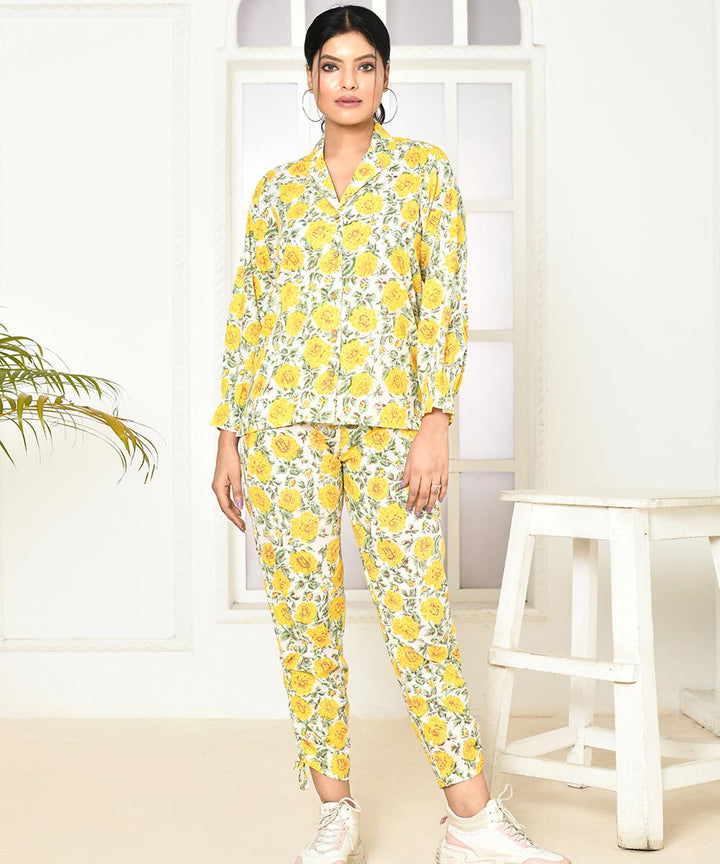 Yellow floral handprinted cotton co-ord sets
