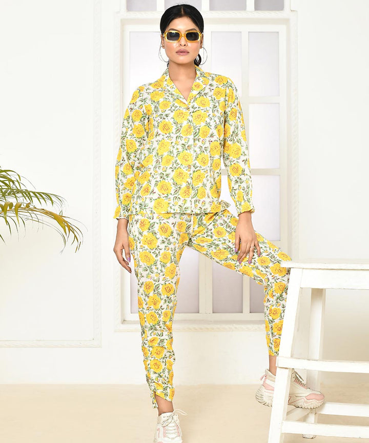 Yellow floral handprinted cotton co-ord sets