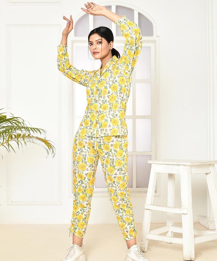 Yellow floral handprinted cotton co-ord sets