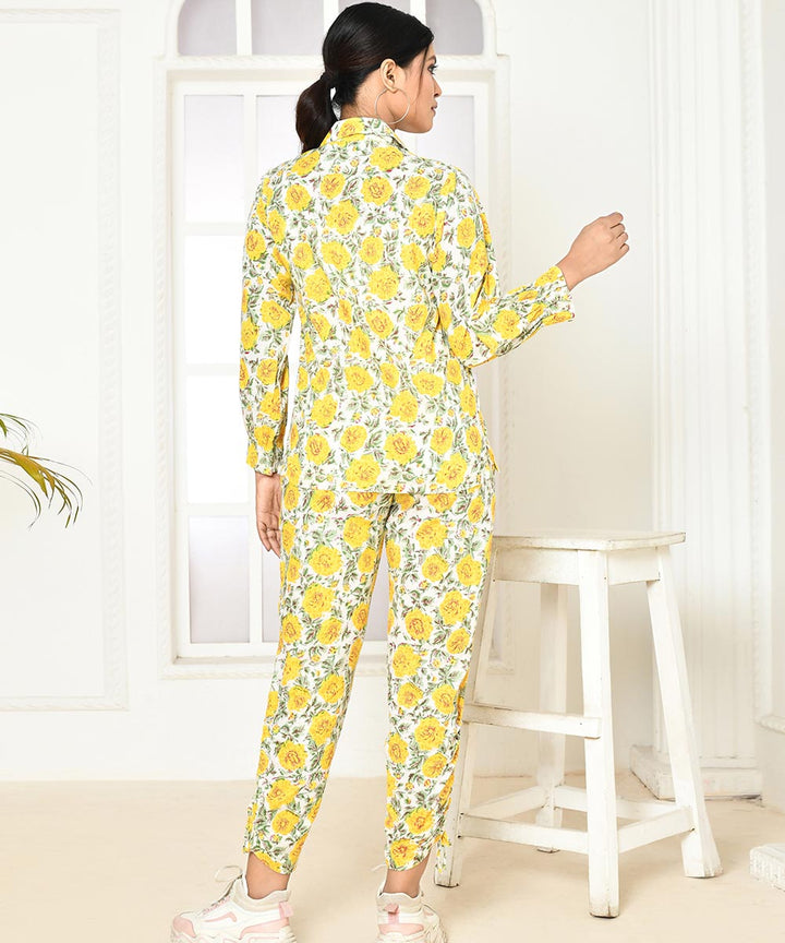 Yellow floral handprinted cotton co-ord sets