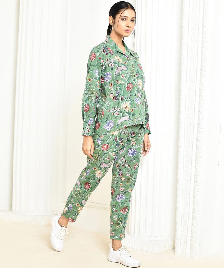 Green handprinted cotton floral co-ord sets