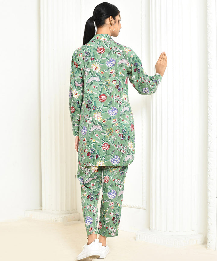 Green handprinted cotton floral co-ord sets