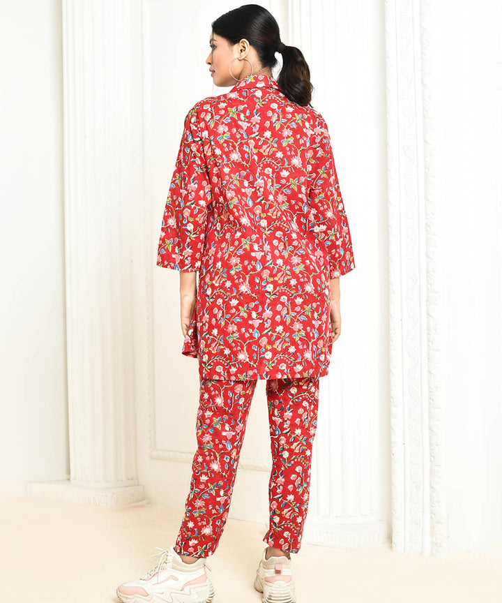 Red handprinted cotton floral co-ord sets