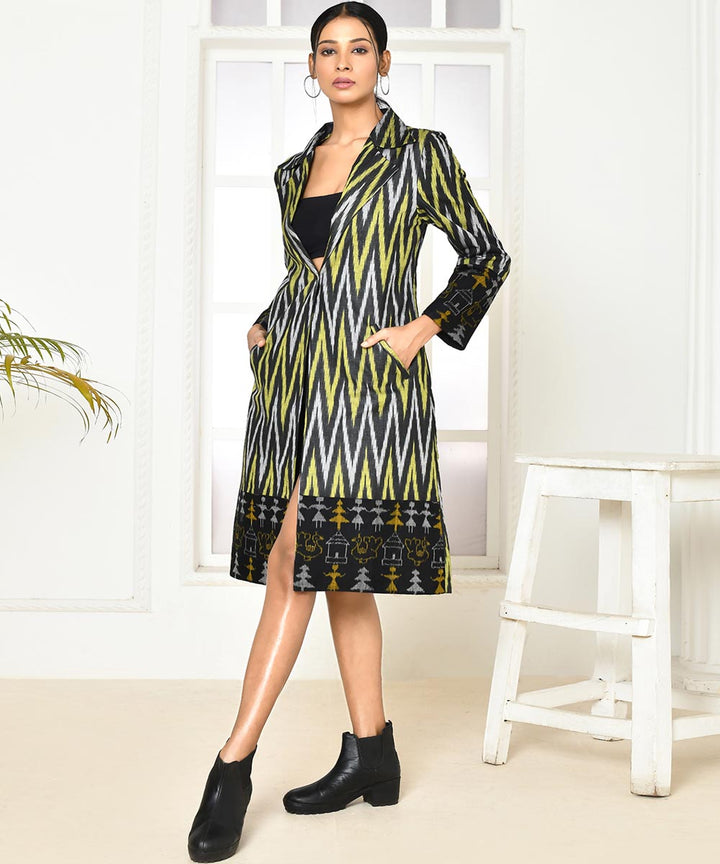Black zig zag handloom cotton trench coat