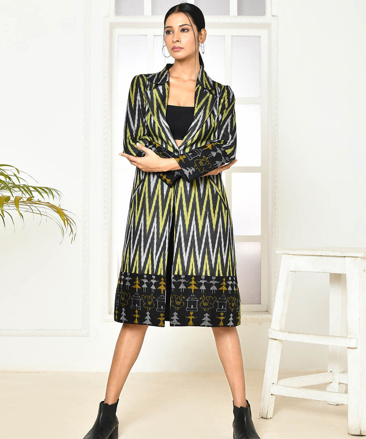 Black zig zag handloom cotton trench coat
