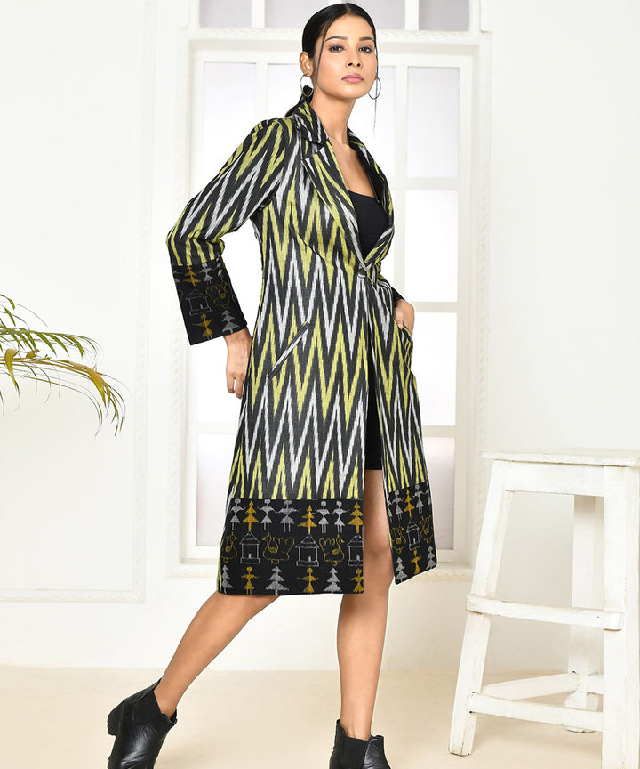 Black zig zag handloom cotton trench coat