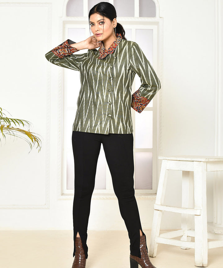 Olive zig zag handwoven ikat cotton jacket